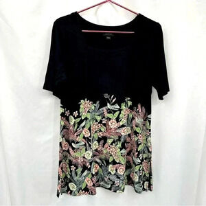 J Jill Wearever Womens Floral Top Small Black Green Short Sleeve Tunic Rayon